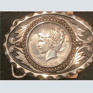 1925 Peace Dollar on white metal belt buckle bezel mount